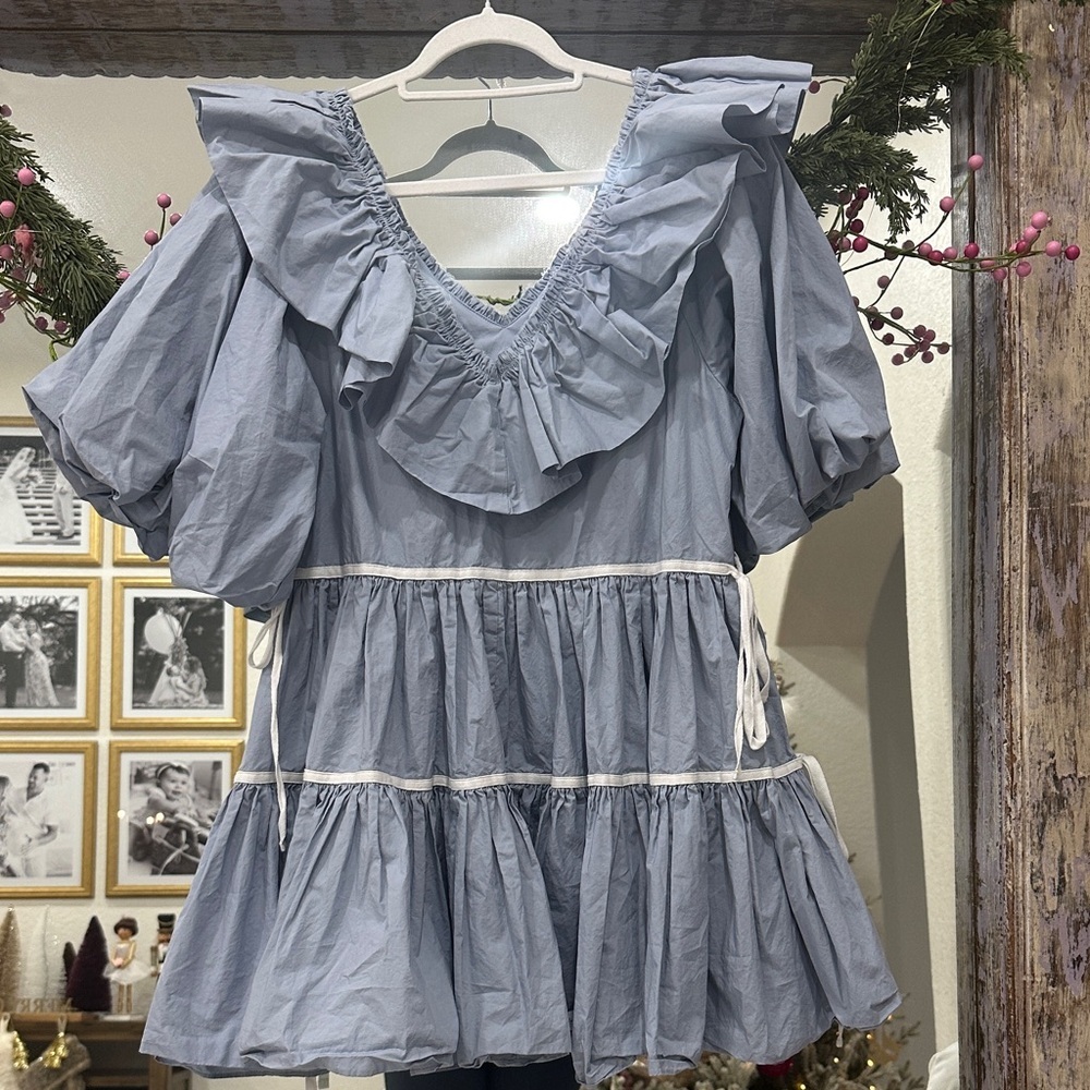 Chic Ruffle Mini Baby Doll Dress in Powder Blue - Picture 2 of 5